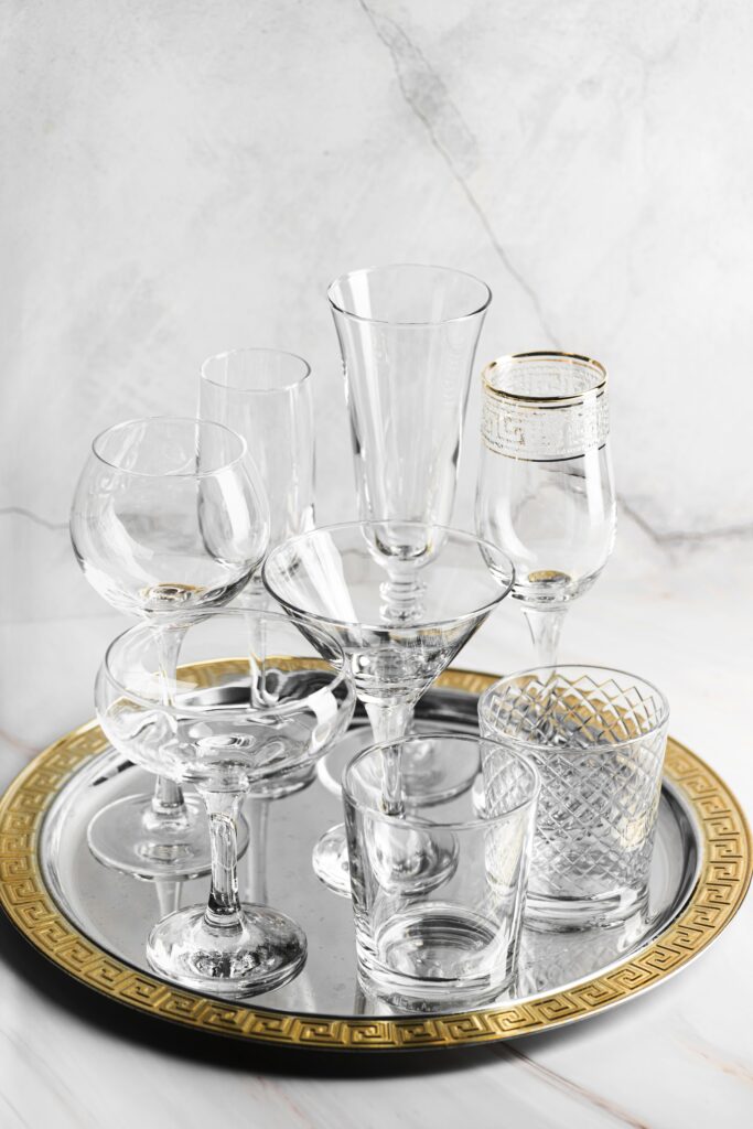 empty crystal glasses tray